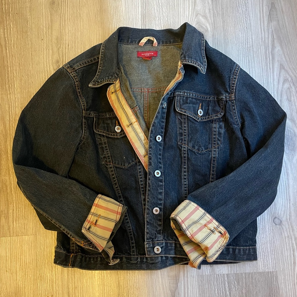 Sundance Dark Indigo Denim Jacket with Contrast Cuffs Size Large